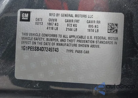 2013 Chevrolet Cruze 2Lt Auto z USA, uszkodzony, nr VIN 1G1PE5SB4D7249743